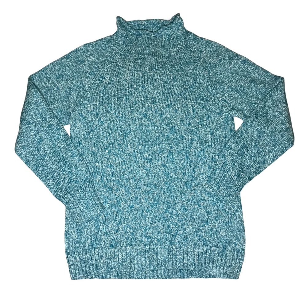 LL Bean Women Blue Marled Cotton Mock Neck Raglan Pullover Sweater Medium 507415